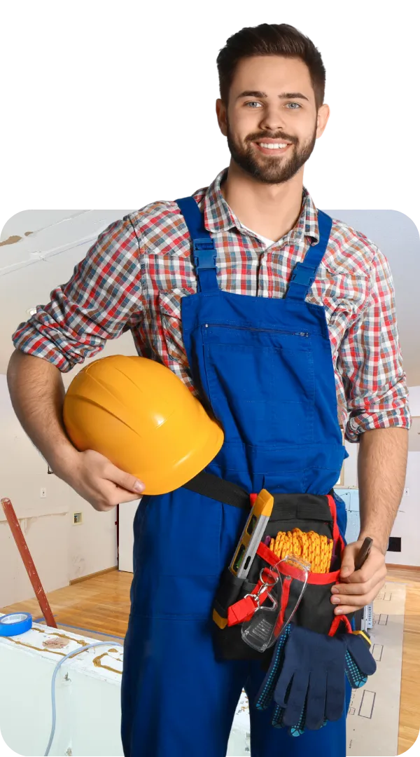 Remodeling Team LA contractor holding a yellow hard hat and tools for a home remodeling mission in Los Angeles.