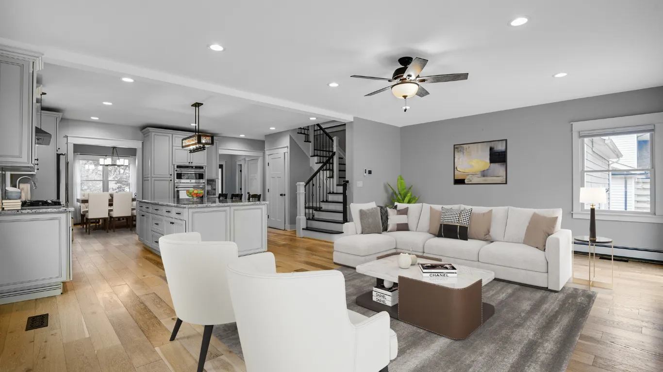Whole home remodeling project in Los Angeles with an open living room, updated kitchen, modern finishes, and improved interior flow.