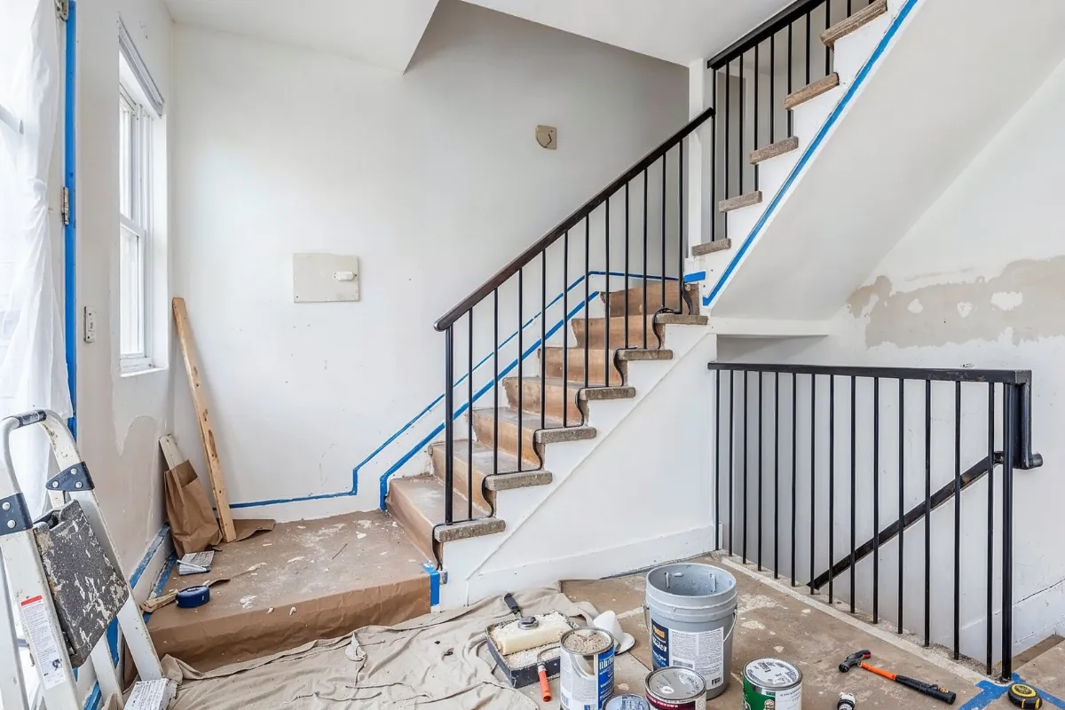 Condo remodeling in Los Angeles with staircase, railing, painting, and interior renovation work in progress