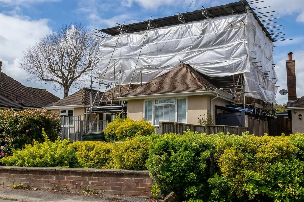 Room addition project in Los Angeles showing second-story home expansion with scaffolding and weather protection